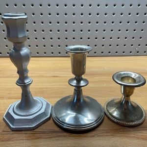 Three Varying Height Mismatched Silver Colored Candlestick Holders
